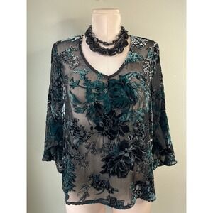 W5 Burnout Velvet Blouse Teal Black Floral V-Neck Bell Sleeve Top 11696 Medium